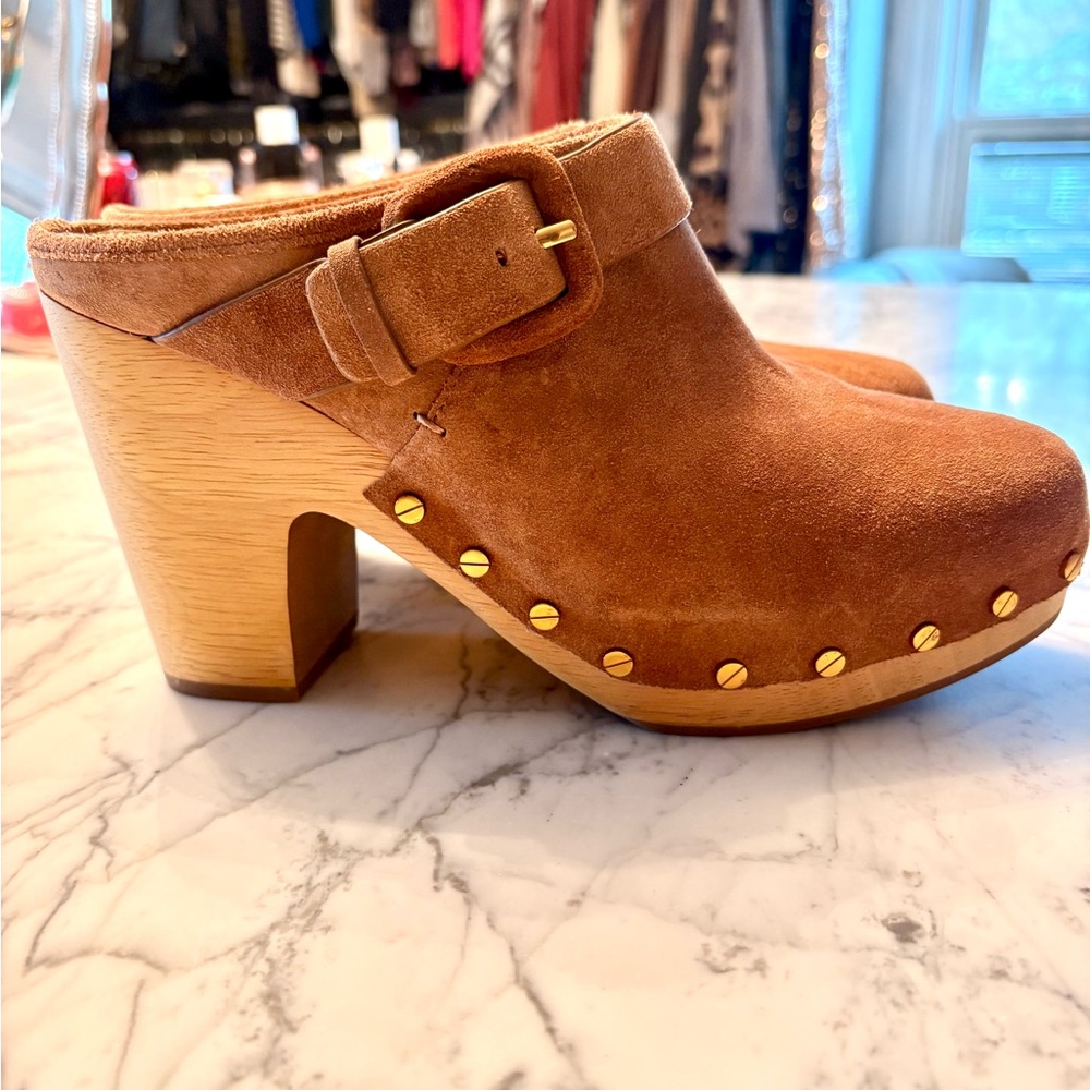 Veronica Beard Tan Suede Mules with Wooden Heel - Never been worn!